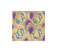 Dolphin Floral Dish Drying Mats for Kitchen Counter, Blue Dolphin Vintage Rose Absorbent Mat, Summer Tropical Microfiber Pad for Kitchen Coffee Bar 16x18 Inch