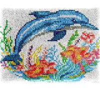 Dolphin & Flowers DIY Latch Hook Rug Kits for Adults Tapestry Pre-Printed Patterns Carpet Needlework Crochet Yarns Latch Hooking Mat Cushion for Home Decor 52x38cm(j65)