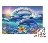 Dolphin Heavyweight Paper Dolphins Jumping over Ocean Waves with Flowers Jigsaw Puzzle Giftable Birthday Gift 52x38cm/1000pcs