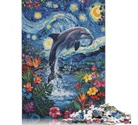 Dolphin in Starry Night Floral Scene Puzzle Jigsaws 500 Pieces for Adults Wooden Puzzle Adult Jigsaw Puzzle Family Puzzle Game 500pcs (52x38cm)