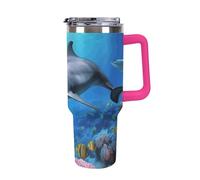 Dolphin in The Coral Reef 40 Oz Tumbler with Handle And Flip Straw, Vacuum Insulated Stainless Steel Tumbler Cups, Travel Coffee Mug, Dishwasher Safe & Bpa-Free, Reusable Water Bottle(Light Rose Red)