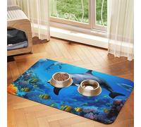 Dolphin in The Coral Reef Dog Food Mat, Absorbent Pet Feeding Mat for Food and Water Bowls Non-Slip Placement Pad for Floors Waterproof Quick Dry Water Dispenser Mat for Dogs Puppy Cats 12x18 Inch