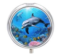 Dolphin in The Coral Reef Pill Box Round Portable Small Pill Case Waterproof Travel Pill Box Organizer for Pocket Purse and Daily Convenience