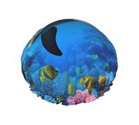 Dolphin in the coral reef Shower Cap for Women Men Large Reusable Shower Bonnet Double-Layer Waterproof Bath Caps Elastic Band Hair Hat for All Hairstyles, Travel-Friendly