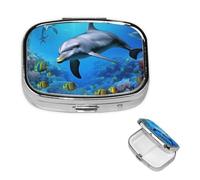 Dolphin in The Coral Reef Square Metal Pill Box 2 Compartment Cute Travel Pill Organizer Case Portable Medicine Vitamin Organizer Pill Case for Women Men Travel Unique Gift