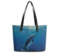 Dolphin In The Ocean Leather Tote Bag for Women Work Shoulder Purses with Zipper Waterproof Large Computer Shoulder Bag Fashion Ladies Shoulder Handbag Reusable Shopping Bags