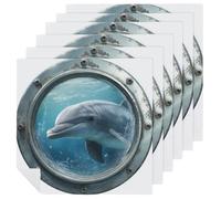 Dolphin in The Ocean Old Ship Porthole Cloth Napkins Set of 6, Square Premium Reusable Washable Polyester Table Linen Napkin for Dinner Party