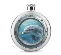 Dolphin in The Ocean Old Ship Porthole Stainless Steel Hip Flask for Liquor, Round Pocket Portable Wine Flask for Drink 5 Oz