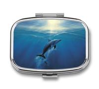 Dolphin in The Ocean Pill Organizer with 2 Compartments Metal Square Pill Case Small Pill Box Portable Medicine Box Slim Travel Pill Container Medicine Organizer for Daily Use