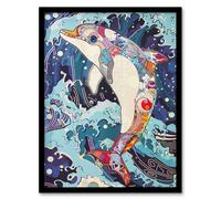 Dolphin Jump Sea Waves Colourful Folk Art Framed Art Print Artery8 Blue A4