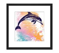 Dolphin Jumping Out of Ocean Sunset Starfish Pastel Watercolour Painting Square Wooden Framed Wall Art Print Picture 8X8 Inch Artery8 Black One Size