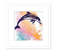 Dolphin Jumping Out of Ocean Sunset Starfish Pastel Watercolour Painting Square Wooden Framed Wall Art Print Picture 8X8 Inch Artery8 White One Size