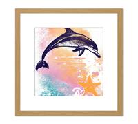 Dolphin Jumping Out of Ocean Sunset Starfish Pastel Watercolour Painting Square Wooden Framed Wall Art Print Picture 8X8 Inch Artery8 Light Oak One Size