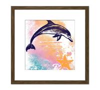 Dolphin Jumping Out of Ocean Sunset Starfish Pastel Watercolour Painting Square Wooden Framed Wall Art Print Picture 8X8 Inch Artery8 Brown One Size