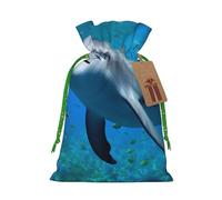 Dolphin Looking at You Printed Christmas Drawstring Bags Reusable Bag for Party Xmas Gift Wrapping, Green Ribbon, S