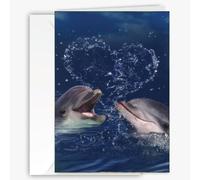 Dolphin Love Greeting Card, Larger Size with Backside Image & Blank Inside - All Occasions for Nature & Animal Lovers - Ocean theme for Friendship, Romance, Love, Valentine's Day, Anniversary