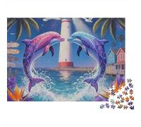 Dolphin Love Scene 1000-Piece Adults Jigsaw Puzzle Dolphins by Lighthouse at Night Premium Sturdy Vibrant Challenging Stress Relief 70x50cm/1000pcs