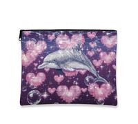 Dolphin Makeup Pouch, Cute Ocean Creatures Cosmetic Travel Bag for Women, Portable Zipper Case with Heart Patterns, Romantic Gift Skincare Organizer for All Seasons, Violet, 7x9 Inch, Dolphin