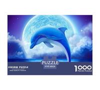 Dolphin Moon Night Educational Game Decompression 1000 Pieces Jigsaw Puzzle - Dolphin Leaping Under Full Moon for Adults Kids Home Activity38x26cm/1000pcs