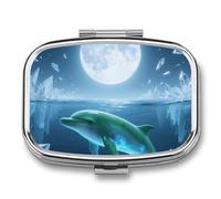 Dolphin Moon Pill Box Elegant Metal Pill Case with 2 Compartments, Slim Portable Medicine Organizer for Purse, Pocket, Travel