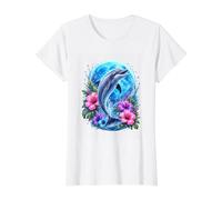 Dolphin Moon Tropical Hibiscus Ocean Floral Coastal Fantasy Value Graphic T-Shirt, Women, White, S