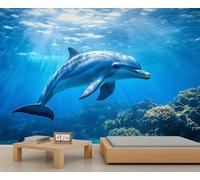 Dolphin Mural, Nursery Mural Wallpaper, Ocean Animal Wallpaper for Living Room, Dolphin Wall Murals,350x254cm (Not Peel n' Stick)