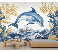 Dolphin Murals Abstract Wallpaper Ocean Nautical Wallpaper for Walls Luxury Coral Reef Wall Paper for Kids Bedroom Living Room Boys Room Mural Poster 350X256cm