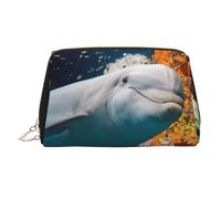 Dolphin On Coral Leather Makeup Bag, Large-Capacity Travel Storage Bag, Dual-Purpose Toiletries and Makeup Bag