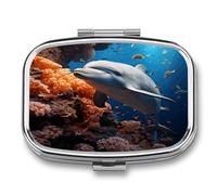 Dolphin On Coral Pill Box Medicine Pill Organizer Small Pill Case Travel Pill Container Portable Pill Case for Pocket 2 Compartment Pill Holder Pill Boxes for Travel