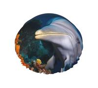 Dolphin On Coral Shower Cap Reusable Waterproof Shower Bonnet for Women Men Elastic Band Bath Hair Hat Double Layered Washable Bath Cap for All Hairstyles, Travel-Friendly