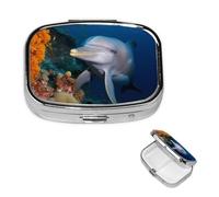 Dolphin On Coral Square Metal Pill Box 2 Compartment Cute Travel Pill Organizer Case Portable Medicine Vitamin Organizer Pill Case for Women Men Travel Unique Gift