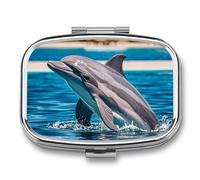 Dolphin Out of Water Pill Box 2 Compartment - Small Metal Medicine Organizer Portable Pill Case for Purse Pocket Travel Vitamin Organizer for Men Women, BPA-Free