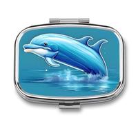 Dolphin Out of Water Pill Box - 2 Compartment Travel Pill Organizer with Small Mirror, Portable Pillcase for Pocket & Purse, Cute Square Medicine Case, Weekly Medicine Container