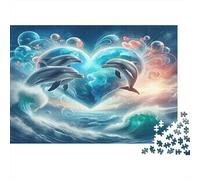Dolphin Paperboard Dolphins Forming Heart in Blue Ocean Waves Classic Jigsaw Puzzle Interactive Boredom Buster 52x38cm/1000pcs