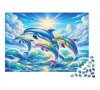 Dolphin Paperboard Rainbow Dolphin Leaping in Blue Sky Classic Jigsaw Puzzle Family Friendly Relaxing Activity 70x50cm/1000pcs
