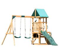 DOLPHIN PLAYGROUND Swing Set for Backyard with 2 Swings, Slide, Climbing Wall, Chalkboard, Picnic Table & Telescope - Heavy-Duty Cedar Wood Outdoor Playset for Kids Aged 3+ Years