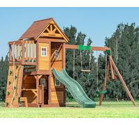 DOLPHIN PLAYGROUND T Swing Set for Backyard with Slide, 2 Swings, Trapeze Bar, Climbing Wall, Play house for Kids Outdoors with Kitchen Toys and Wooden Roof - Cedar Wood Outdoor Playset for Ages 3+