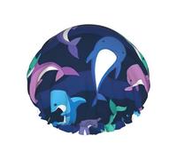 Dolphin Print Double Layer Shower Cap Reusable Lightweight And Soft Bath Hair Cap For Women