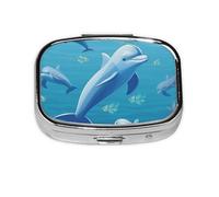 Dolphin Print Pill Box Square Pill Case 2 Compartment Small Metal Medicine Organizer Portable Travel Pillbox for Pocket Purse Cute Mini Pill Container to Hold Daily Vitamins