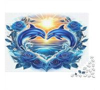 Dolphin Recycled Paper Two Dolphins Forming Heart with Blue Roses Jigsaw Puzzle Collectible Gift for Adults 38x26cm/1000pcs