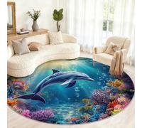 Dolphin Round Rug 240cm, Dolphin Circle Rugs, Underwater World Rug, Washable Round Carpet for Kitchen Dining Living Room Bathroom Beneath the Furniture
