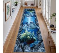 Dolphin Runner Carpet, 60x300cm, Underwater World Marine Animals Dolphin Navy Blue Reef Rock Seaweed Area Rug, Soft Easy to Clean Ocean Decor Indoor Rugs for Hallway Bathroom