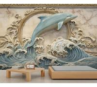 Dolphin Sculpture 3D Wallpaper Marble Texture Custom Wallpaper Oceanic Nature European Carvings Wall Murals Luxury Bedroom Wall Paper Mural for Living Room Bedroom Kids Room Poster 400X280cm
