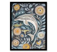 Dolphin Sealife Surreal Aquatic Flowers Folk Art Framed Art Print Artery8 Blue A4