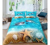 Dolphin Shark Bedding Set Beach Starfish Shell Pattern Bedding Set for Kids Boys Girls Ocean Animal Decor Duvet Cover Set Hawaiian Summer Beach Quilt Cover Bedroom Collection Super King Size
