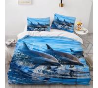 Dolphin Single Duvet Cover Set Blue Ocean Bedding Set 3D Print Soft Microfiber Quilt Covers 155x200 cm with Zipper Closure and 2 Pillowcases 50x75 cm for Kids Teens D.957