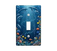 Dolphin Single Light Switch Cover Plate, Aquatic Colorful Coral Fish Summer Blue Plastic Standard Size Wall Switch Plates Accents for Home Living Room Bedroom Bathroom Decor (Single)