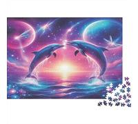 Dolphin Space Fantasy 1000 Piece Puzzle for Adults Dolphins Kissing in Cosmic Sunset Sky Challenging Premium Sturdy Vibrant Stress Relief Decor 38x26cm/1000pcs