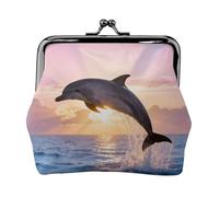 Dolphin Sunrise Jump Coin Purse-Leather Kiss Lock Wallet Small Clutch