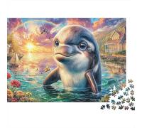 Dolphin Sunset Jigsaw Puzzles for Adult Challenging Puzzle Games The Impossible Challenge 1000 Piece Cute Difficult Hard Jigsaw Puzzles for Man And Woman with Letters on Back 70x50cm/1000pcs
